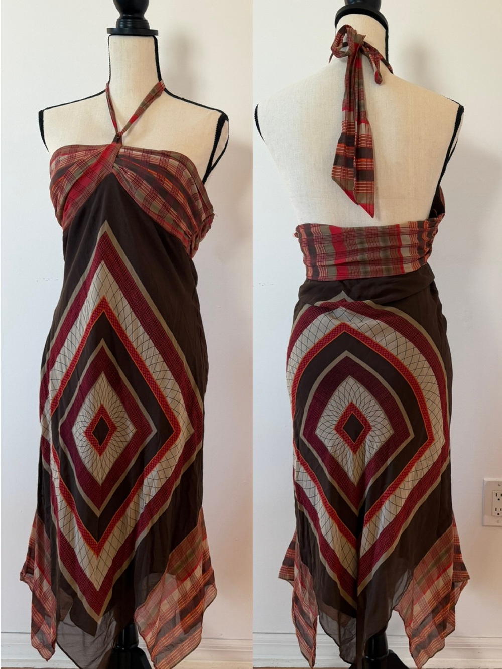 BCBGMaxAzria Brown Red Plaid Halter Diamond-Print Dress